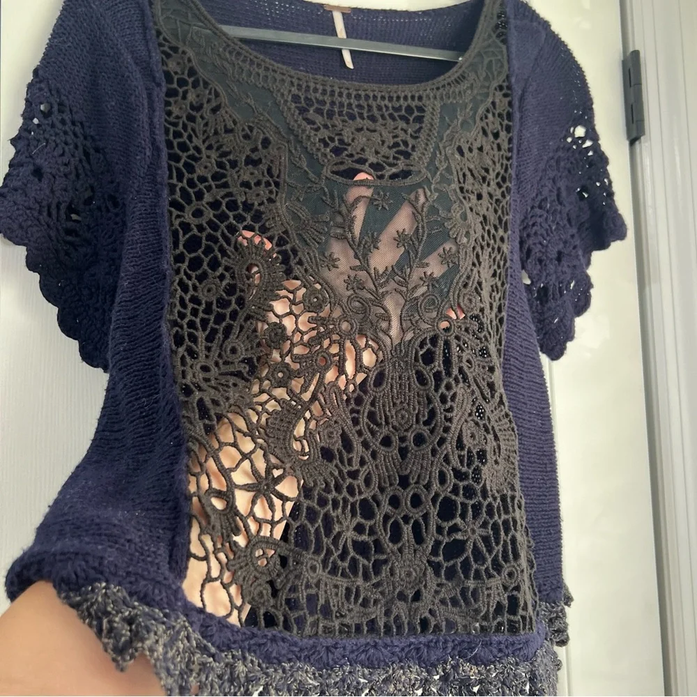 Oversized Free People Crochet Short Sleeve Blouse Shirt Top Ruffle Black Blue XS